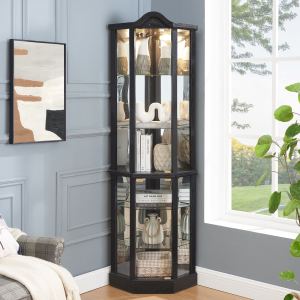 Vitrine d'angle noir verre teinté, tablettes ajustables