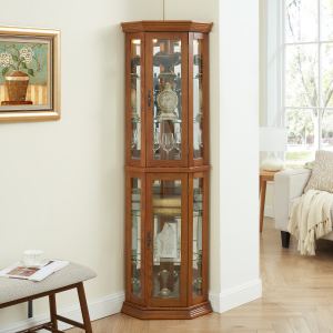 Armoire vitrine angle éclairée chêne portes verre