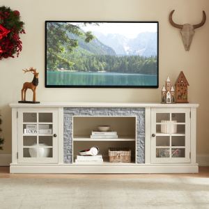Meuble télé 70po moderne 2 portes pierre synthétique blanc grand