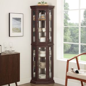 Armoire vitrine coin éclairage, rayons verre cerisier