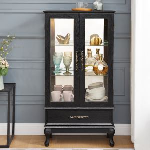 Cabinet vitré éclairé portes verre portes 2 LED noir