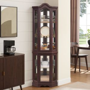 Armoire vitrine coin éclairée cerisier foncé, portes verre