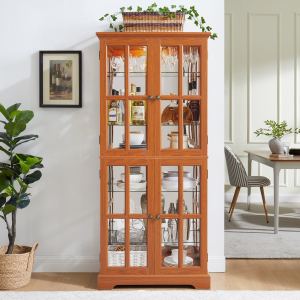 Vitrine antiquité 4 portes verre, chêne foncé, ampoule E26