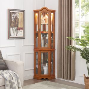 Curio Cabinet Lighted Glass Display Curio Cabinet W Tempered Glass Doors And Shelves, Crown Corner Cabinet With Bulb, Corner Storage Decoration For Living Room And Bedroom OAK