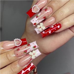 24 ongles art fraise nœud