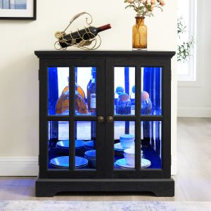 Cabinet vitré LED design rétro portes lattis noir