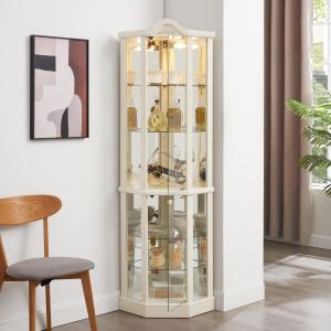 Armoire vitrée d'angle éclairée, 4 portes verre, blanc, lumière