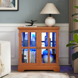Cabinet vitré LED design rétro portes lattis chêne foncé