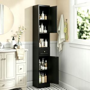 Meuble rangement salle bain 71 po 5 étages métal 2 portes noir