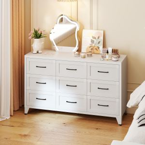 Commode 9 tiroirs chambre, profil métal blanc, rails silencieux, rangement