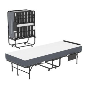 75  Folding Bed With Adjustable Headboard & 5  Memory Foam, Space Saving Rollaway Guest Bed For Tall People, Portable Twin Cot On Wheels, Easy Assembly