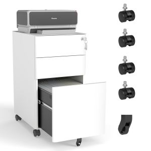 3-Drawer Mobile File Cabinet With Lock, All-Steel Metal Storage On Wheels, Two Shallow & One Deep Drawer For Office Home, Fully Assembled, White, 110lbs Drawer, Anti-Tip Design