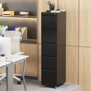 5 Drawer Metal Vertical File Cabinet With Lock On Wheels For Home Office,Heavy Duty Metal Storage Cabinet For A4 Letter Legal Size Files, Black, 17.71 Dx15.16 Wx64.17 H