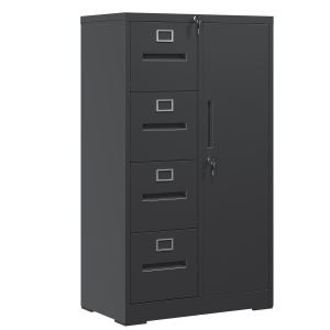 Metal Storage Vertical Filing Cabinet With Lock, Steel File Locker With 4 Drawers And 1 Door For School, Living Room, Bedroom, Office  Black