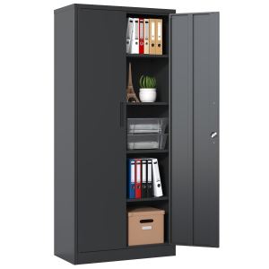 Cabinet rangement garage 72 po, acier noir, 4 tablettes, verrouillable