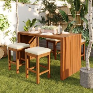 Ensemble bar 5 pcs bois acacia 4 tabourets coussins beige