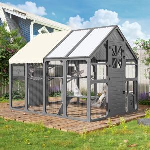Catio extérieur très grand, maison chat multiples, toit PVC, 8 plateaux, gris