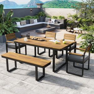 Ensemble patio 6 pièces acacia 6-7 pers coussins confort