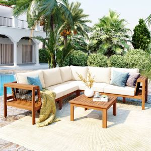 Ensemble patio 4 pcs acacia bois forme L beige