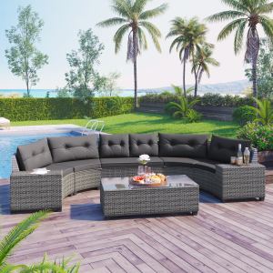 Ensemble lounge extérieur rotin 8 pcs, demi-lune, gris