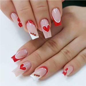 24 ongles art cœurs rouge blanc