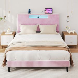 Lit queen cadre tissu dossier haut LED USB bois