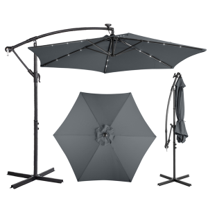 Parasol banane 10FT, 18 LED, 6 nervures, gris