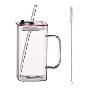 1 verre rose avec paille, verre borosilicaté haut