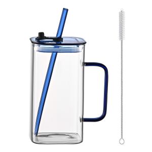 1 verre bleu avec paille, verre borosilicaté haut
