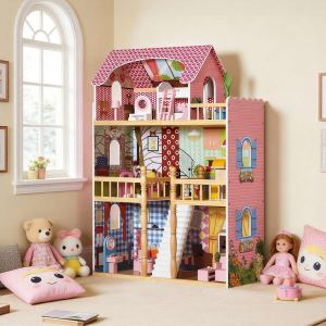 Maison de poupée 3 étages bois, 14 accessoires