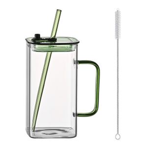 1 verre vert avec paille, verre borosilicaté haut