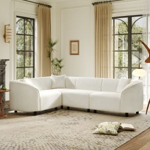 Sofa sectionnel courbe 104po beige, 4 places, bouclé luxe, design contemporain