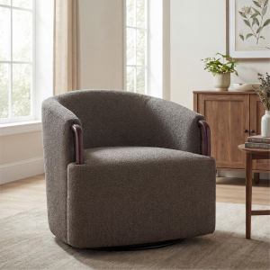 30  Modern Boucle Swivel Barrel Chair With Solid Wood Accents, Soft Durable Upholstery & 360 Swivel Base, Ideal For Living Room, Bedroom, Or Office