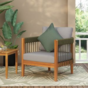 Chaise de patio acacia tissé corde, dossier courbe, coussins amovibles
