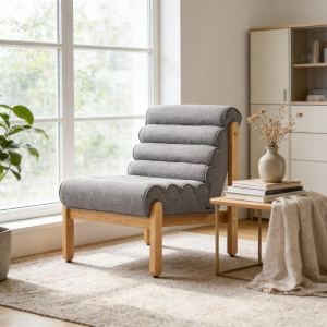 Fauteuil accent peluche gris avec cadre bois naturel