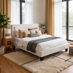Lit queen avec tête de lit ajustable, cadre bois, beige