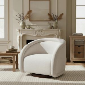Fauteuil pivotant Sabbo beige boucle base noyer
