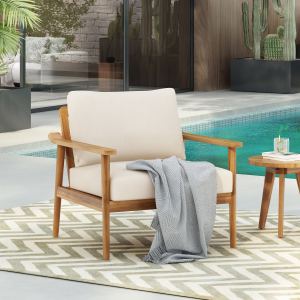 Chaise lounge patio mi-siècle, coussins, bois