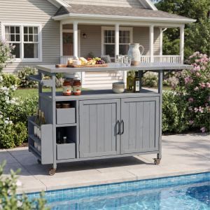 Chariot cuisine extérieur 54.33po bois, acier inox, roulettes