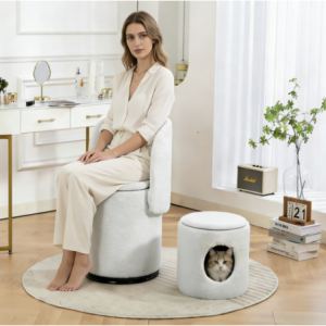 Fauteuil tonneau rembourré 360°, rangement intégré, beige