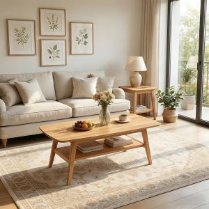 Table basse café années 50 bois chêne massif, 2 étages, 39,37 po naturel