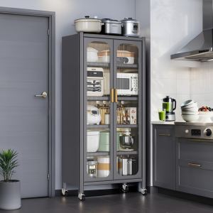 Armoire garde-manger cuisine 65 po, 6 étages porte vitrée, gris