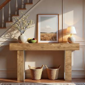 Table console 63po ferme rangement grain bois naturel