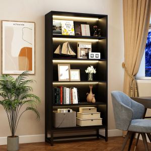 Bibliothèque 5 étages LED, rangement, bois lourd, noir, bureau maison