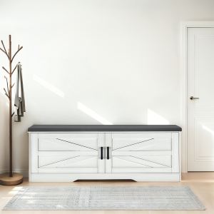Banc rangement 2 niveaux ferme rembourré blanc