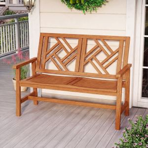 Banc patio bois 2 places, dossier géométrique, 660 lb max, galerie