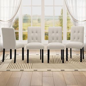 Chaise capitonnée 4 pièces lin rustique, pieds bois noir