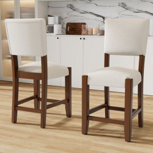 2pc tabourets bar mi-siècle moderne 40,4po, dossier, lin, bois, beige