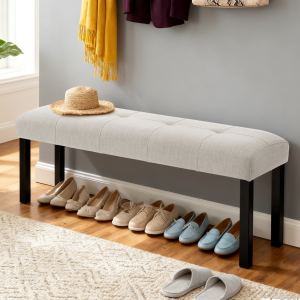 Banquette entrée lin capitonné beige, jambes caoutchouc noir, polyvalente