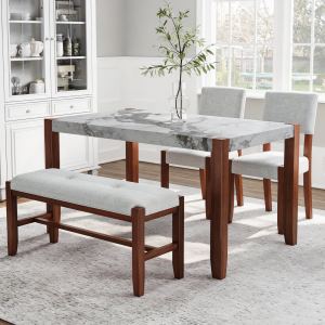 Ensemble salle à manger 4 pcs, table marbre, 2 chaises, banc